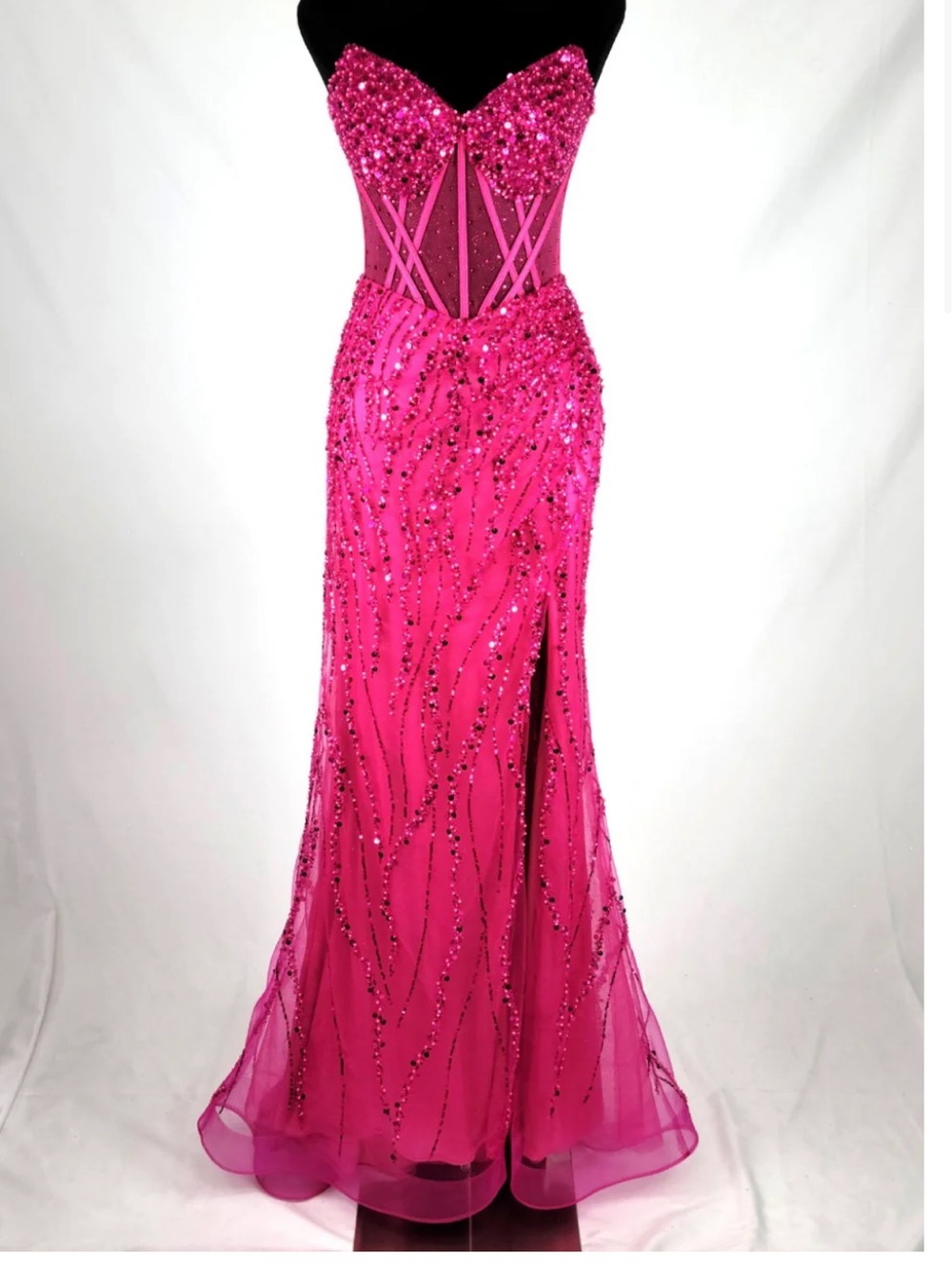 Fuchsia Beaded Sheer Evening Dress